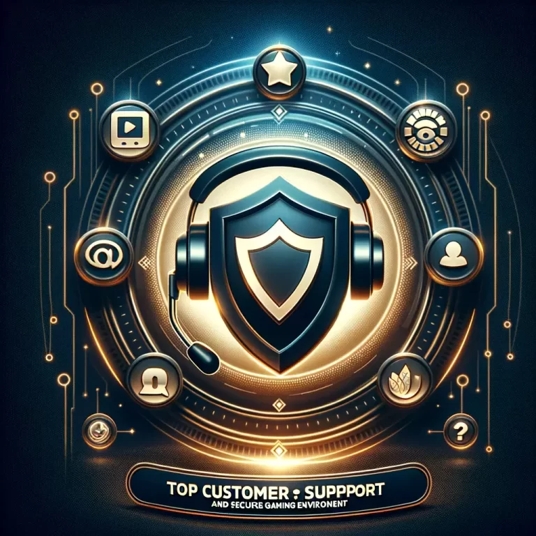 카지노의 신뢰할 수 있는 고객 지원과 안전한 게임 환경을 상징하는 헤드셋, 채팅, 방패 아이콘